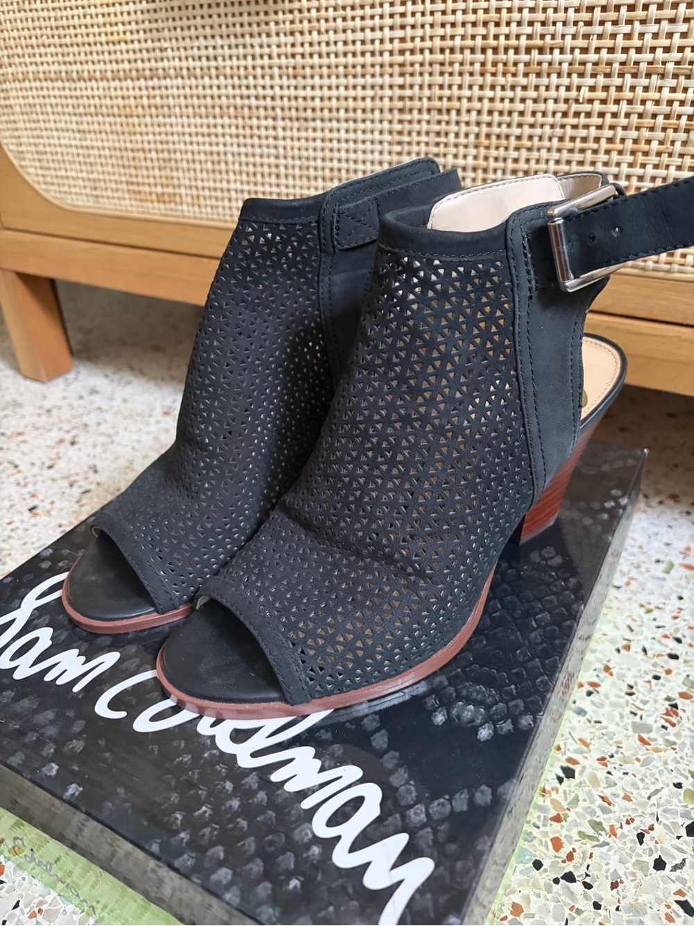 Sam Edelman Black Perforated Peep-Toe Slingback Booties